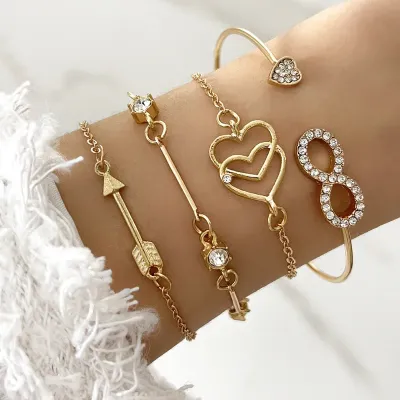 Double Love Arrow Chain Rhinestone Bracelet Set (4 pcs)